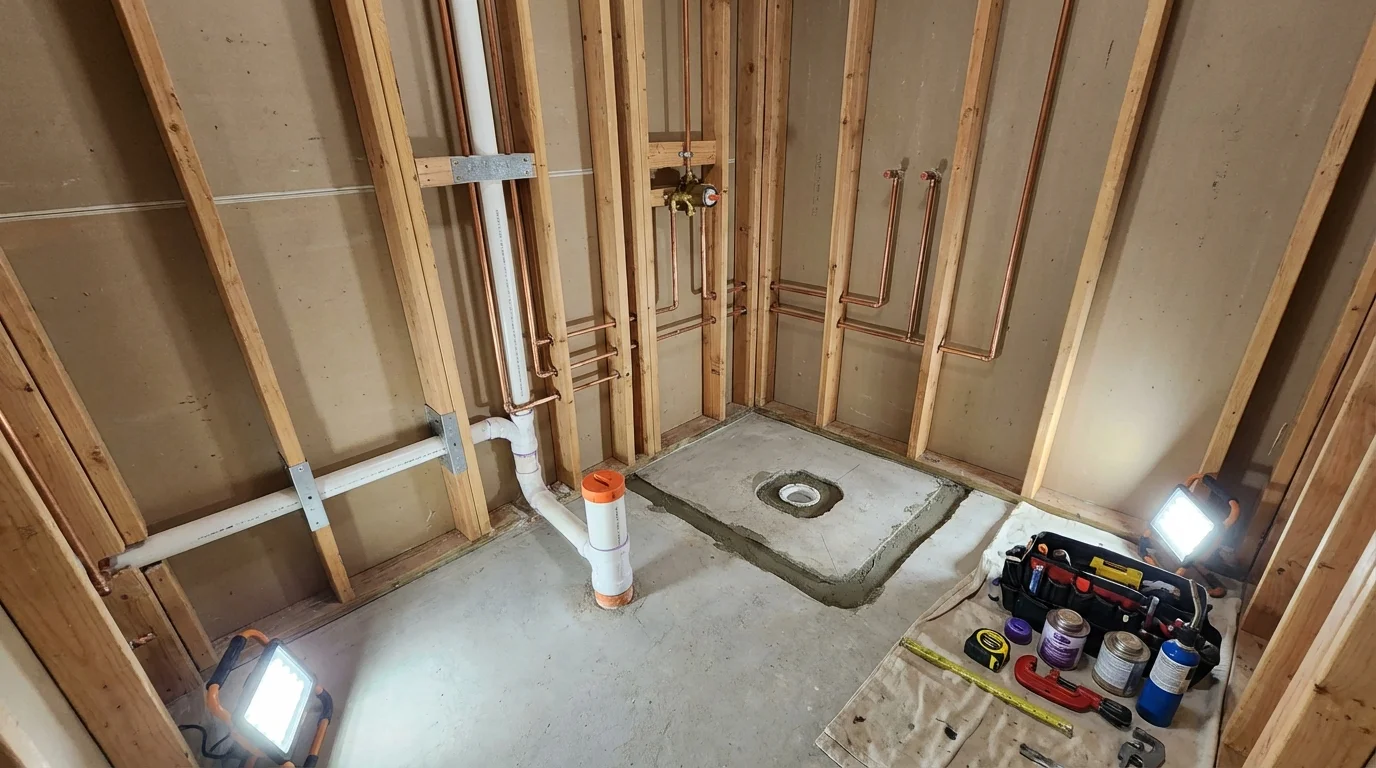 Bathroom rough-in plumbing during remodel by Johns Plumbing LLC in Kingsville