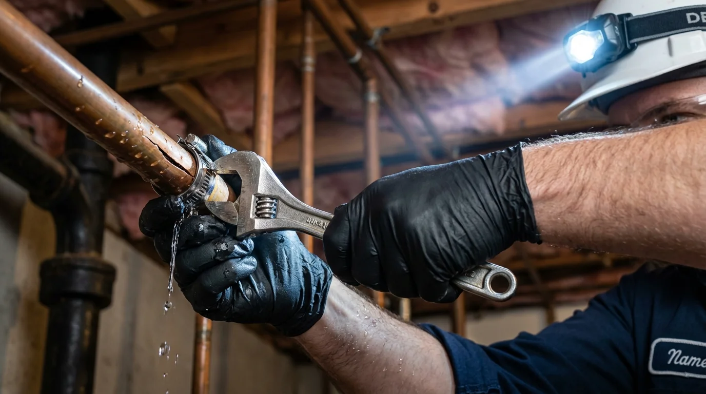 Emergency pipe clamp repair being performed by a Johns Plumbing LLC plumber in Kingsville