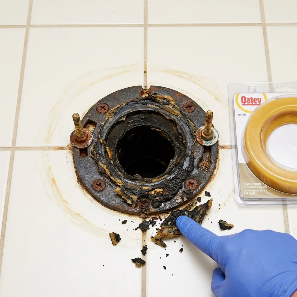 Failed wax ring showing water seepage at the base of a toilet in a Kingsville, TX home