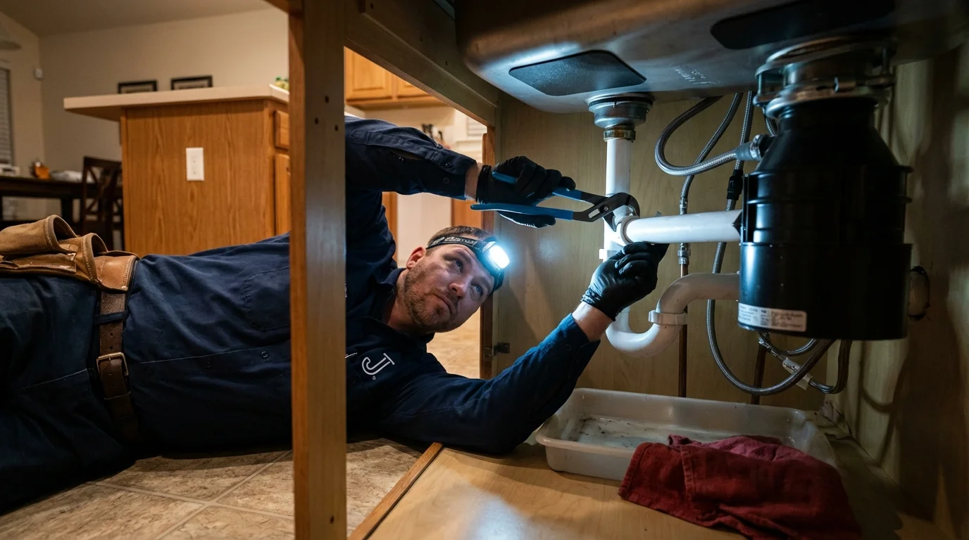 P-trap and supply line connections under a kitchen sink showing a common leak point in Kingsville, TX
